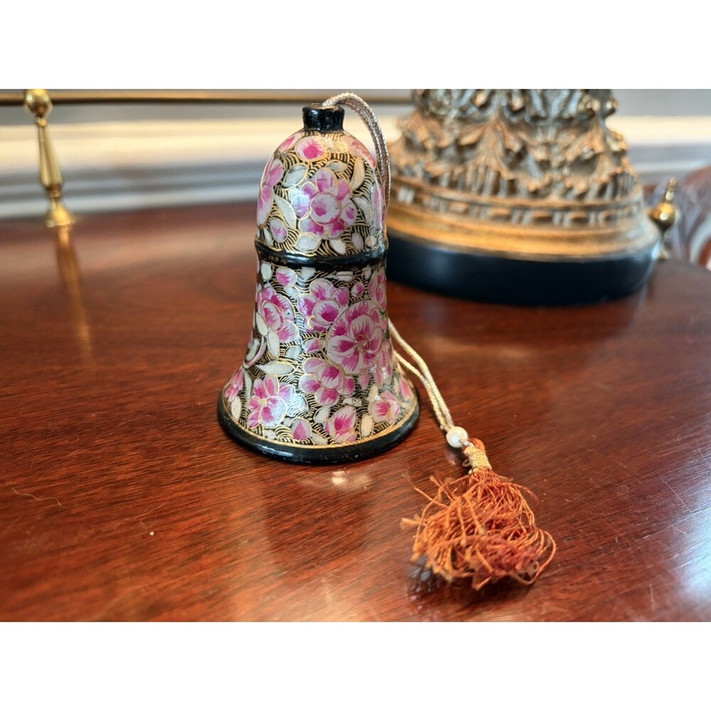 Vtg Cloisonné Style Wood Bell Christmas Ornament Tassle Made in India
